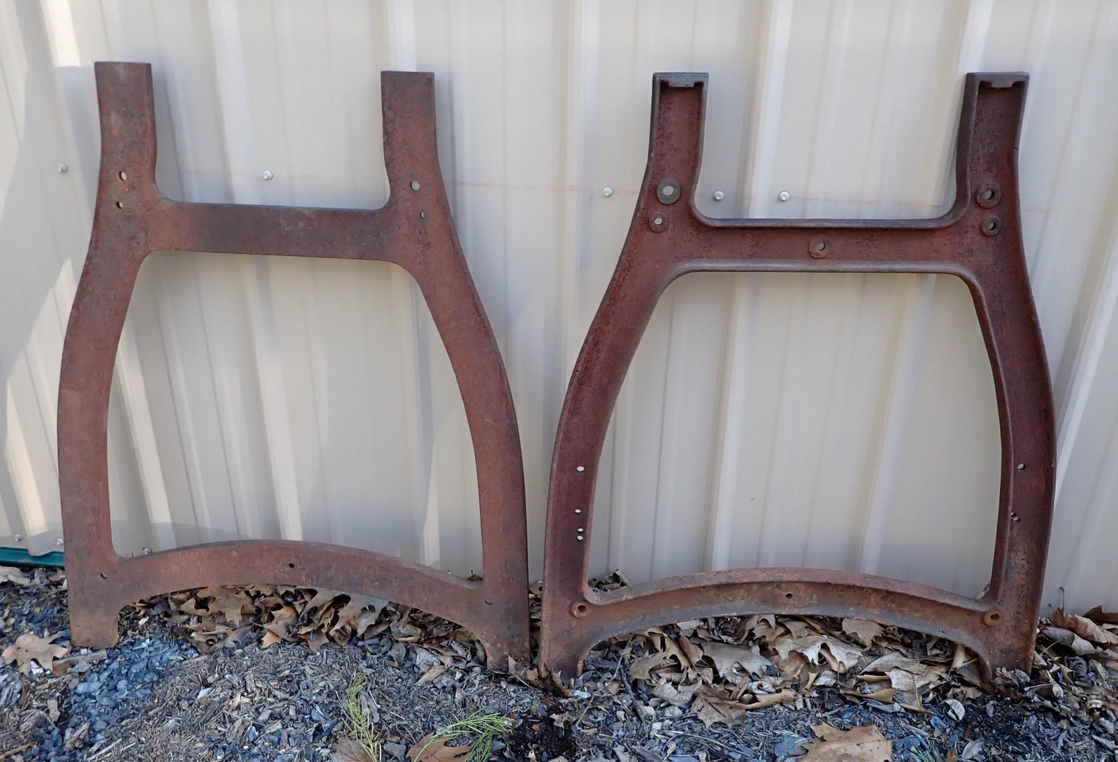 Set of Cast Iron Industrial Legs: Approx 28 1/2" wide and 34 1/4" tall. NO SHIPPING