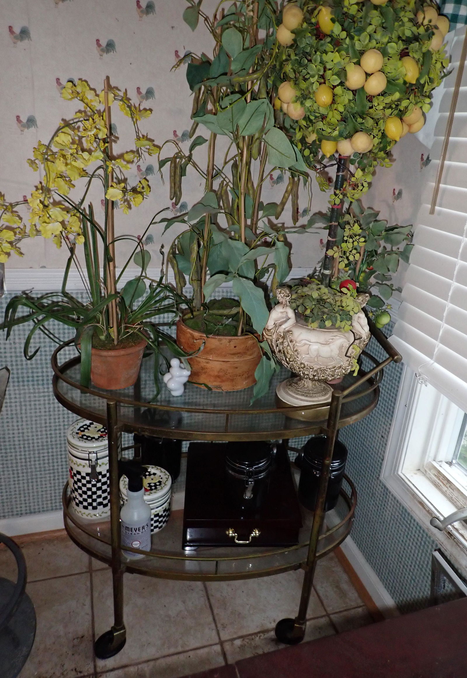 Brass Rolling Plant Stand & Artificial Plants (1 of 4)