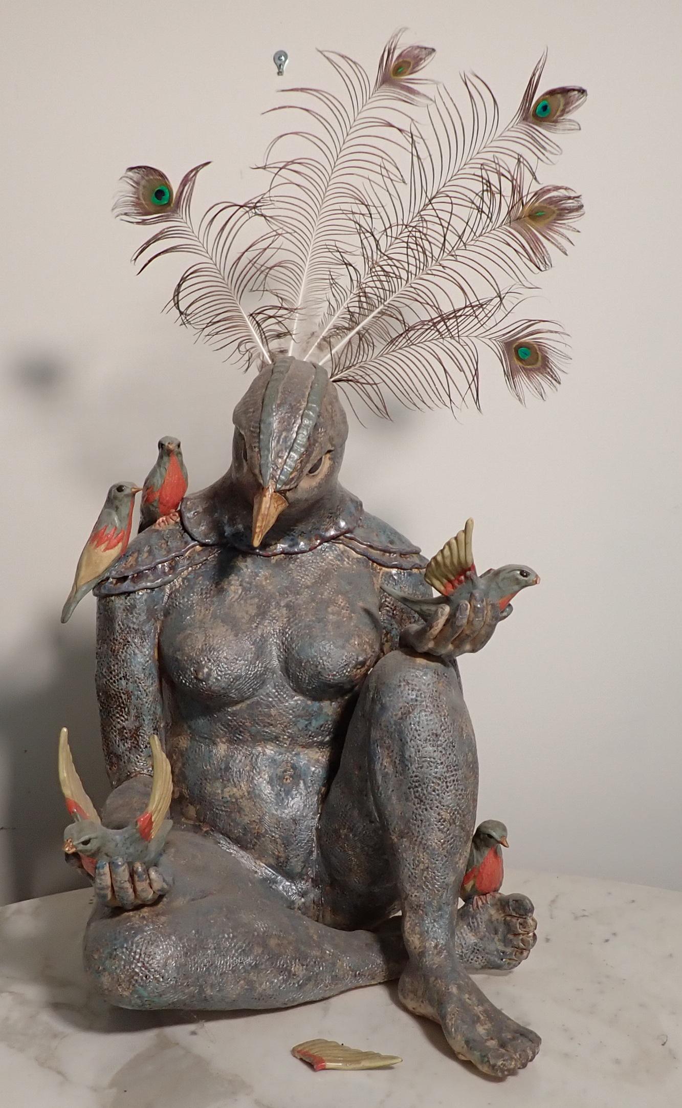 Pottery Bird Sculpture: Approx 22 1/2" tall. NO SHIPPING ! Buyer must pick up before 1pm.