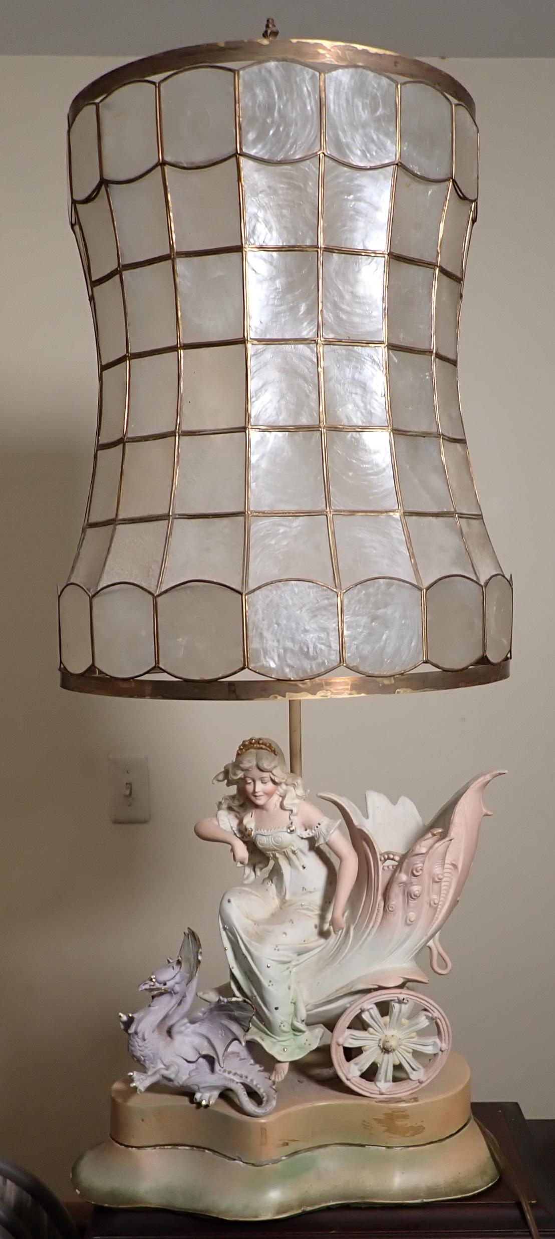 Bisque Serpent Chariot Lamp w/ Capiz Shell Shade (1 of 8)