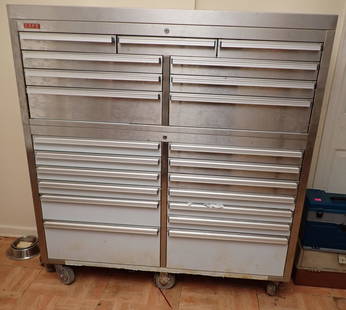 CSPS Stainless Steel Rolling Toolchest: Tool chest is approx 18" x 56 3/8" x 60" tall. Bottom drawers still have protective plastic on them. Needs light cleaning. Has keys . Was used as a cabinet for art supplies.