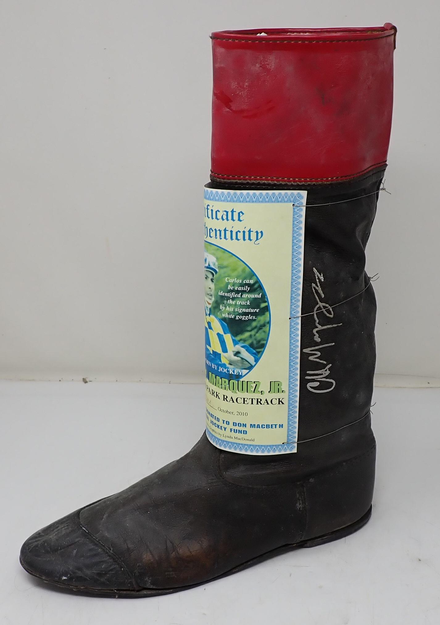Carlos Marquez Autographed Jockey Boot: Autographed horse racing jockey boot, with COA.