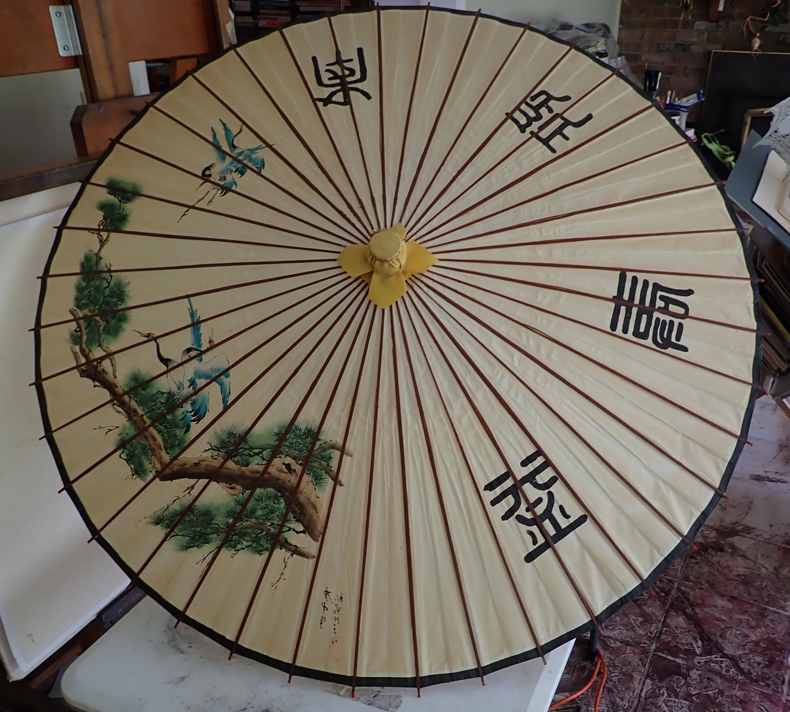 Chinese Hand Painted and Lace Parasols: Chinese one is 41" in diameter.