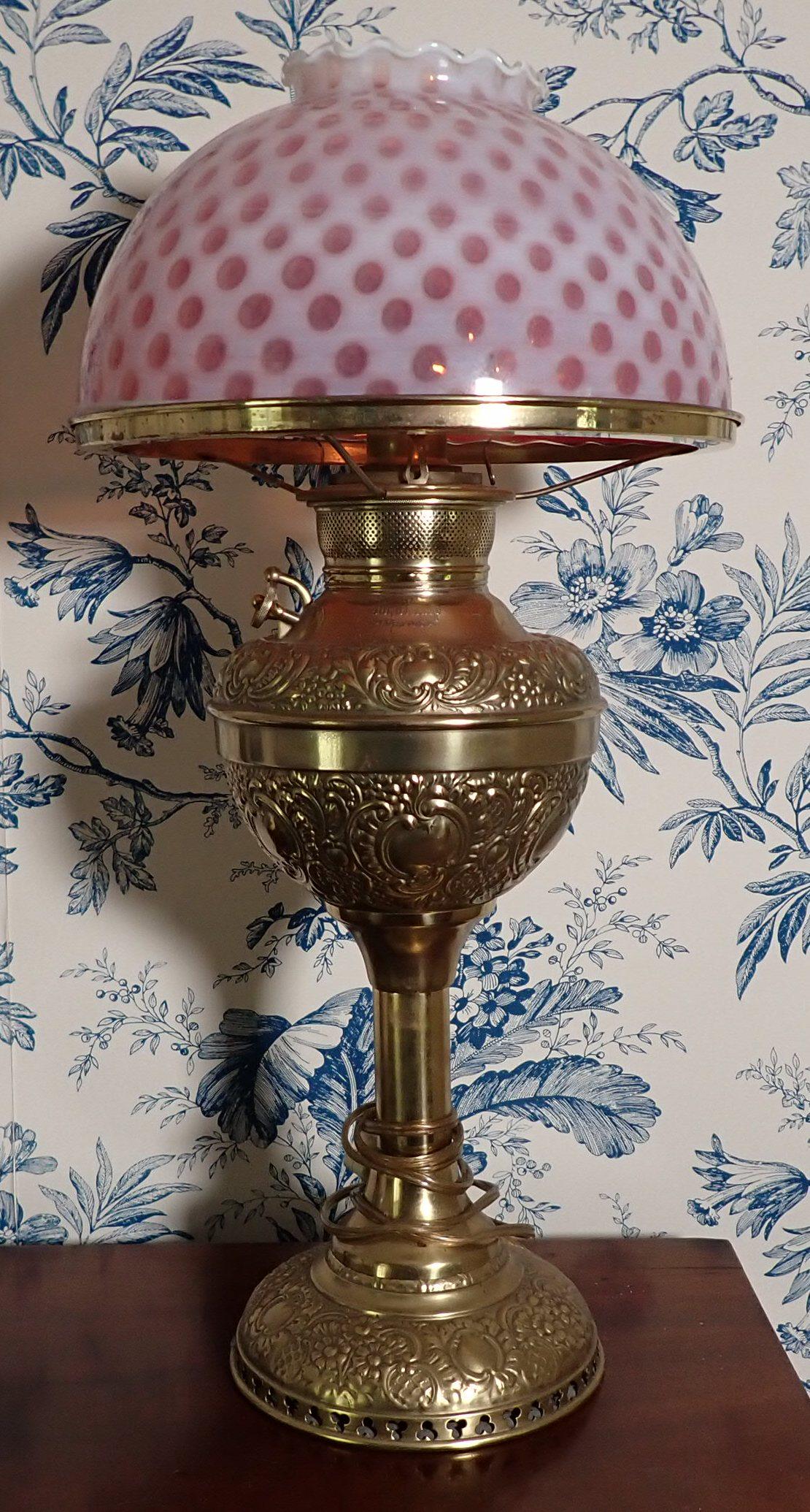 1895 Brass Juno Lamp w/ Fenton Shade (1 of 6)