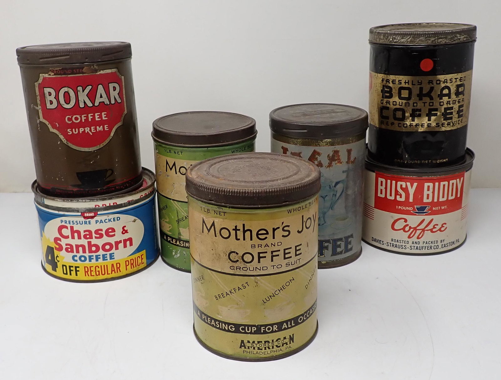 Coffee Tins Bokar Mothers Busy Biddy Ideal: Bokar on left, is approx 4 1/2" in diameter and 5 1/2" tall.