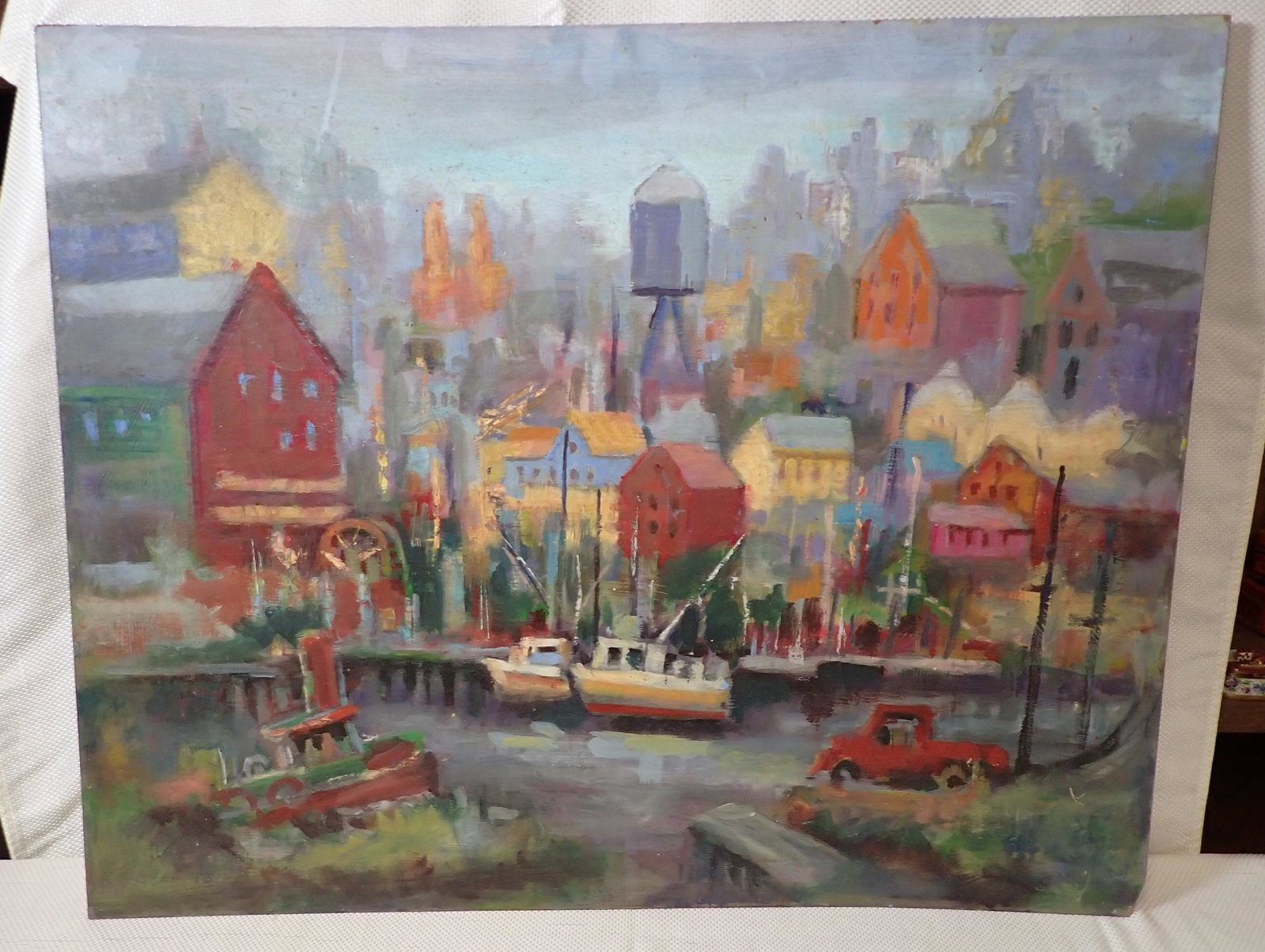 John Reilly Boat Yard Oil on Board Painting: Apprx 24" x 30 1/2"