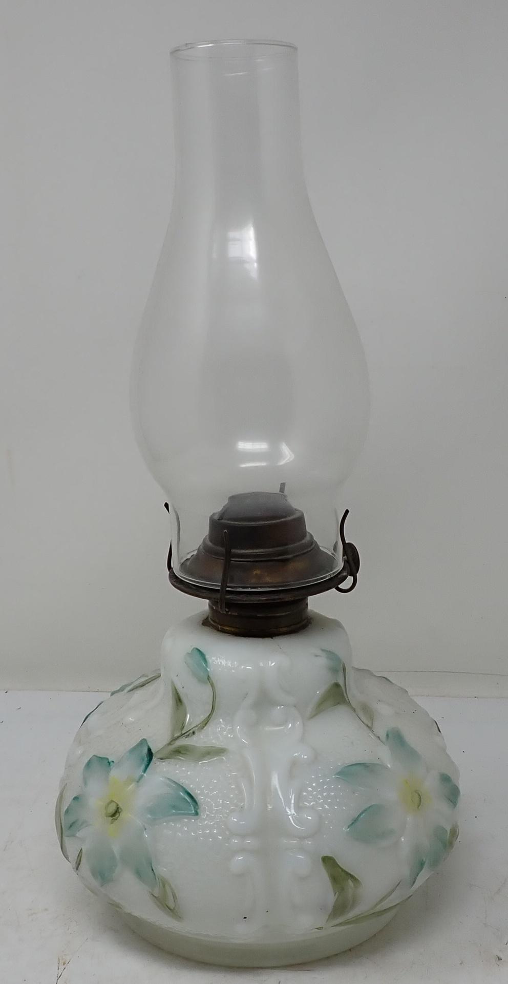 Hand Painted Oil Lamp: Approx 7" in diameter and 14 1/2" tall