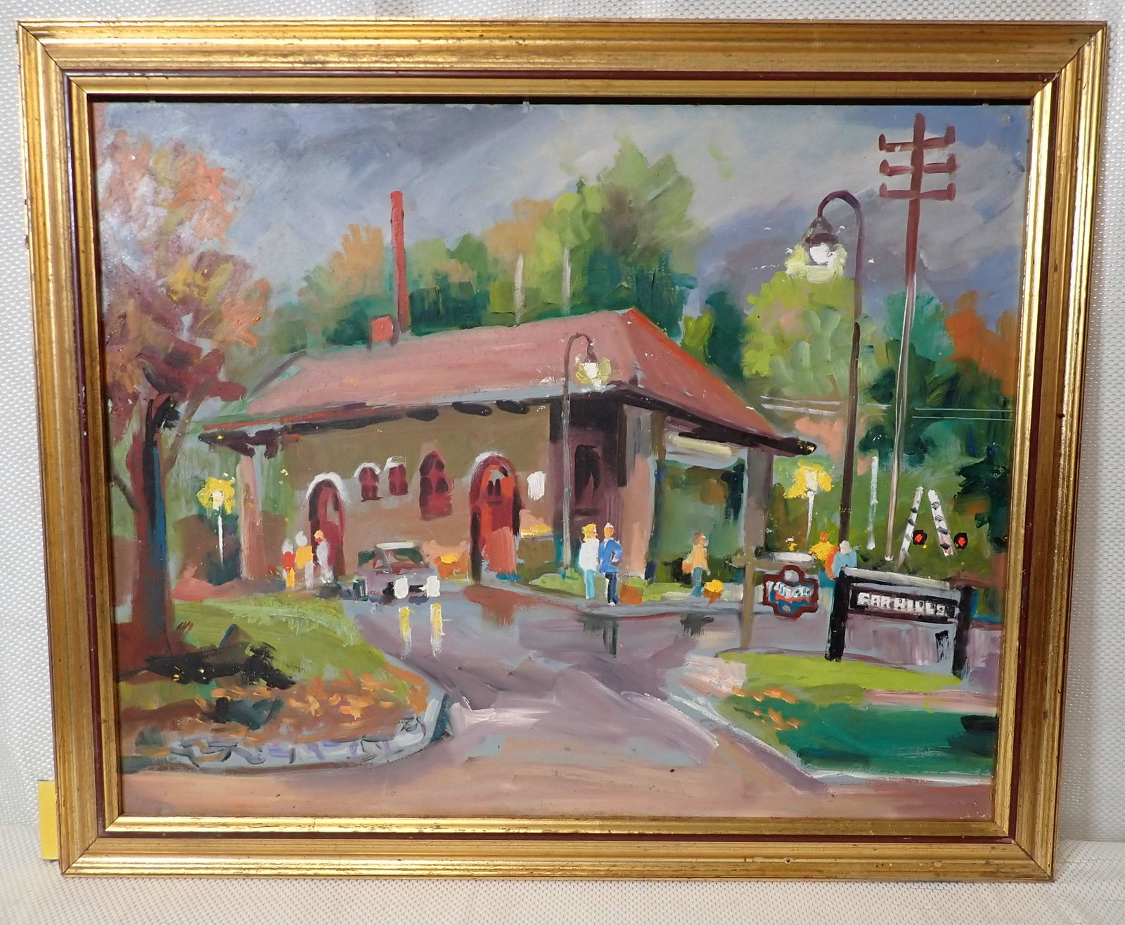 John Reilly Far Hills Train Station Painting: Signed oil on board painting is approx 19" x 23"