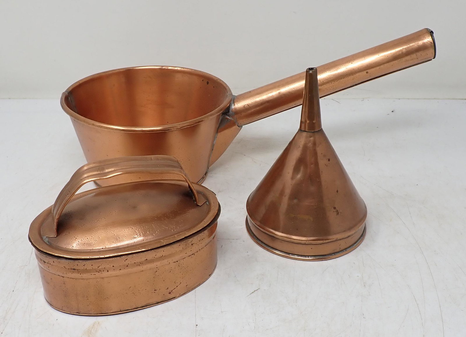 Copper Ladle Funnel & Screener: Ladle is approx 6" in diameter and 12 3/4" long