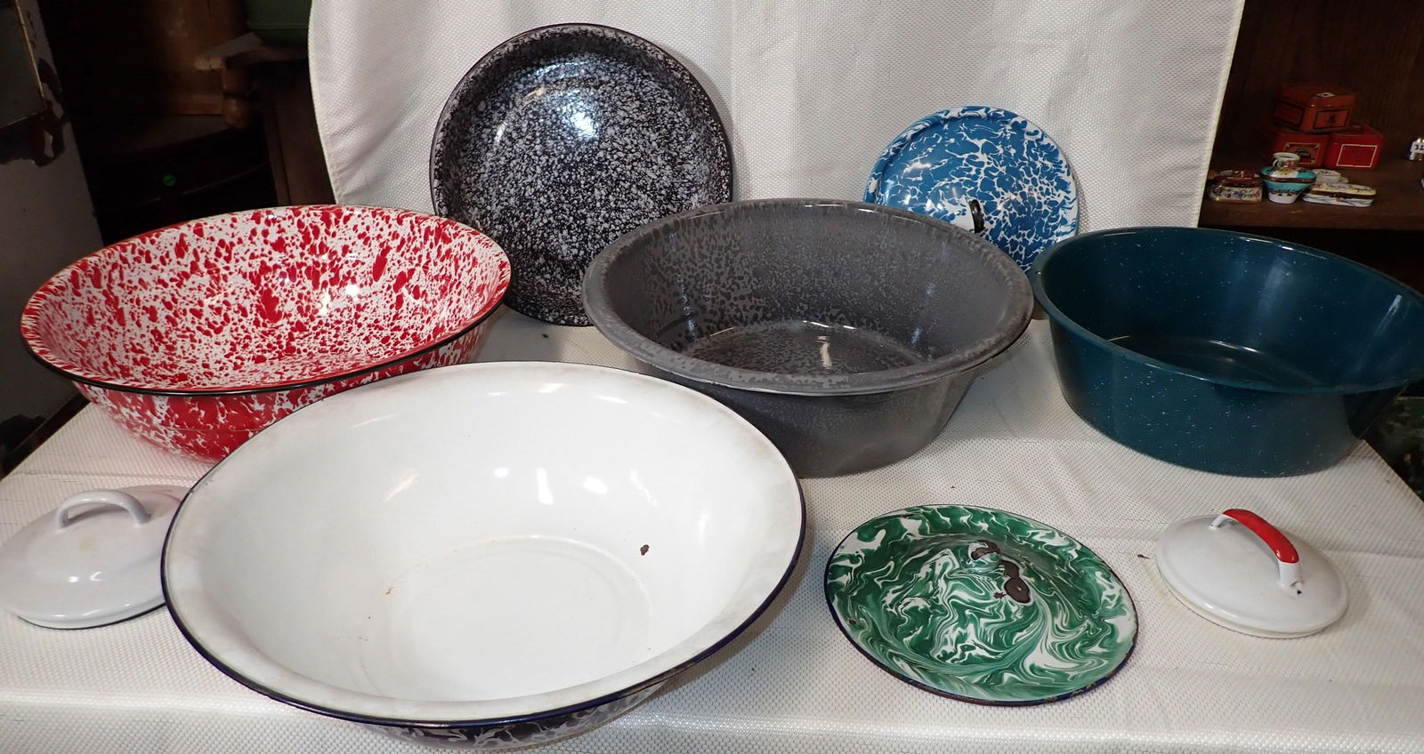 Enamelware Pans / Bowls Lids: Red one is apprx 16 1/4" in diameter and 5 1/4" tall