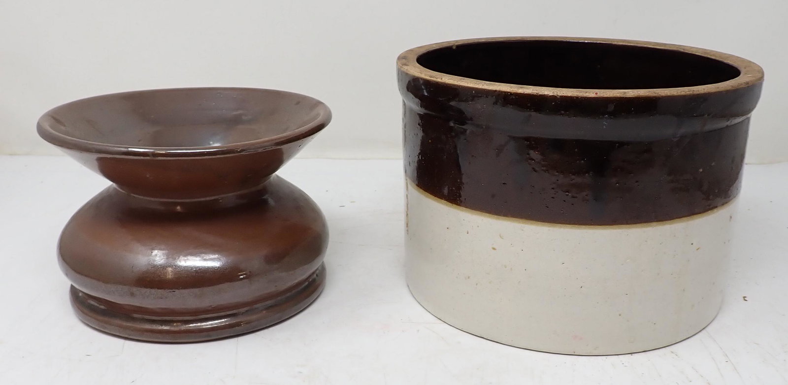 Spittoon & Stoneware Crock: Crock is apprx 7 1/2" in diameter and 5 1/4" tall.