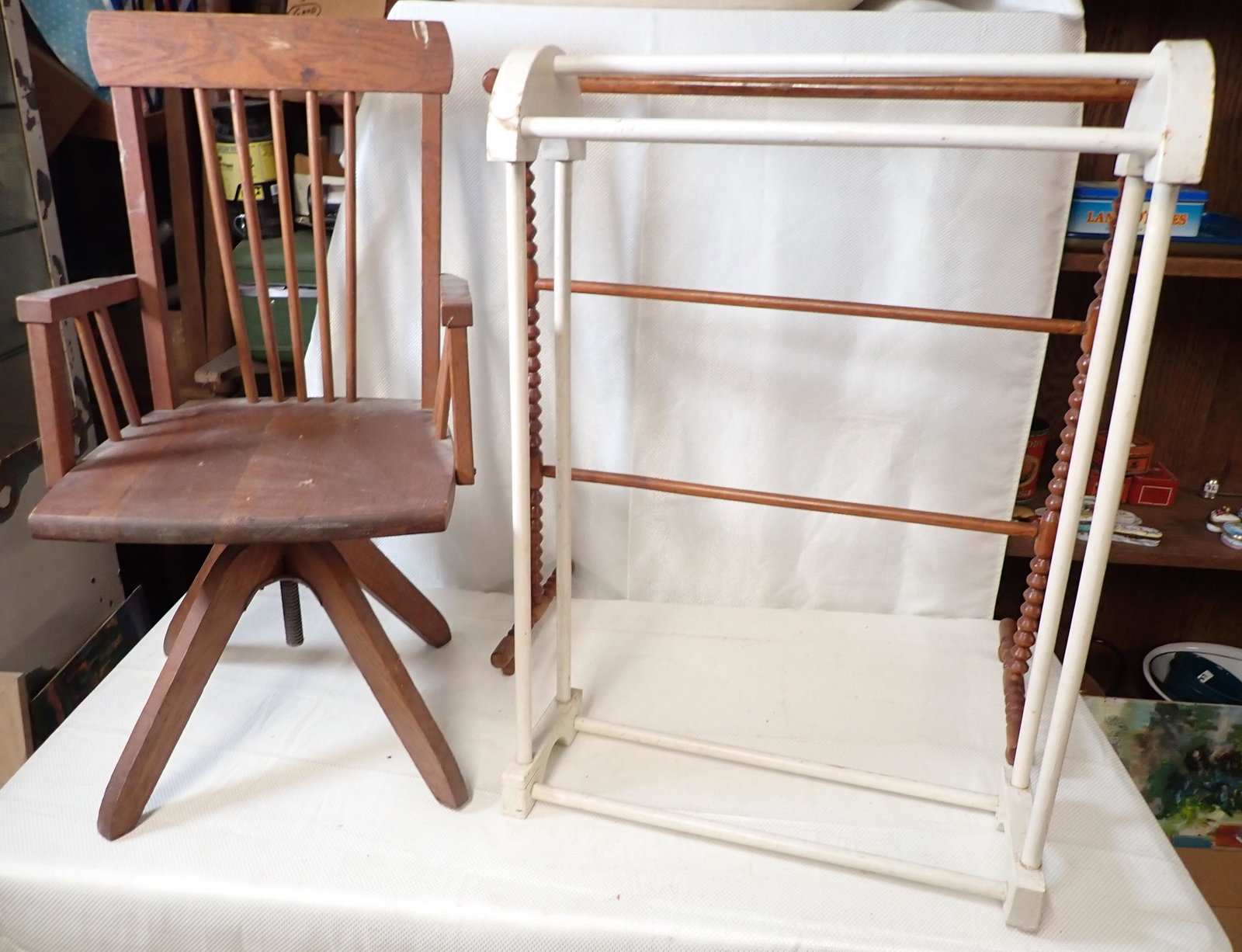 2 Quilt Racks Childs Desk Chair: Chair is apprx 13 1/2" to seat and 29" tall. Includes shoe shine box. NO SHIPPING ! MUST TAKE ALL !