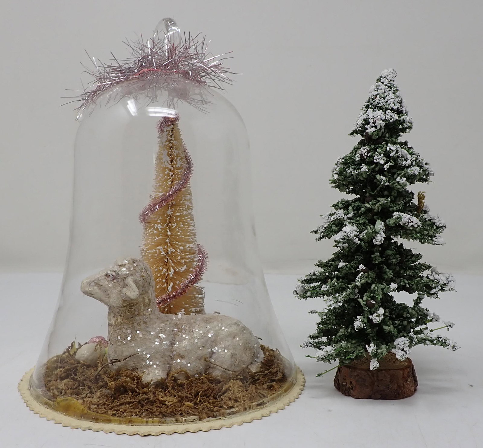Vintage Sheep w/ Christmas Tree in Dome: Dome is approx 5 1/2" in diameter and 7" tall. Also includes "new" tree