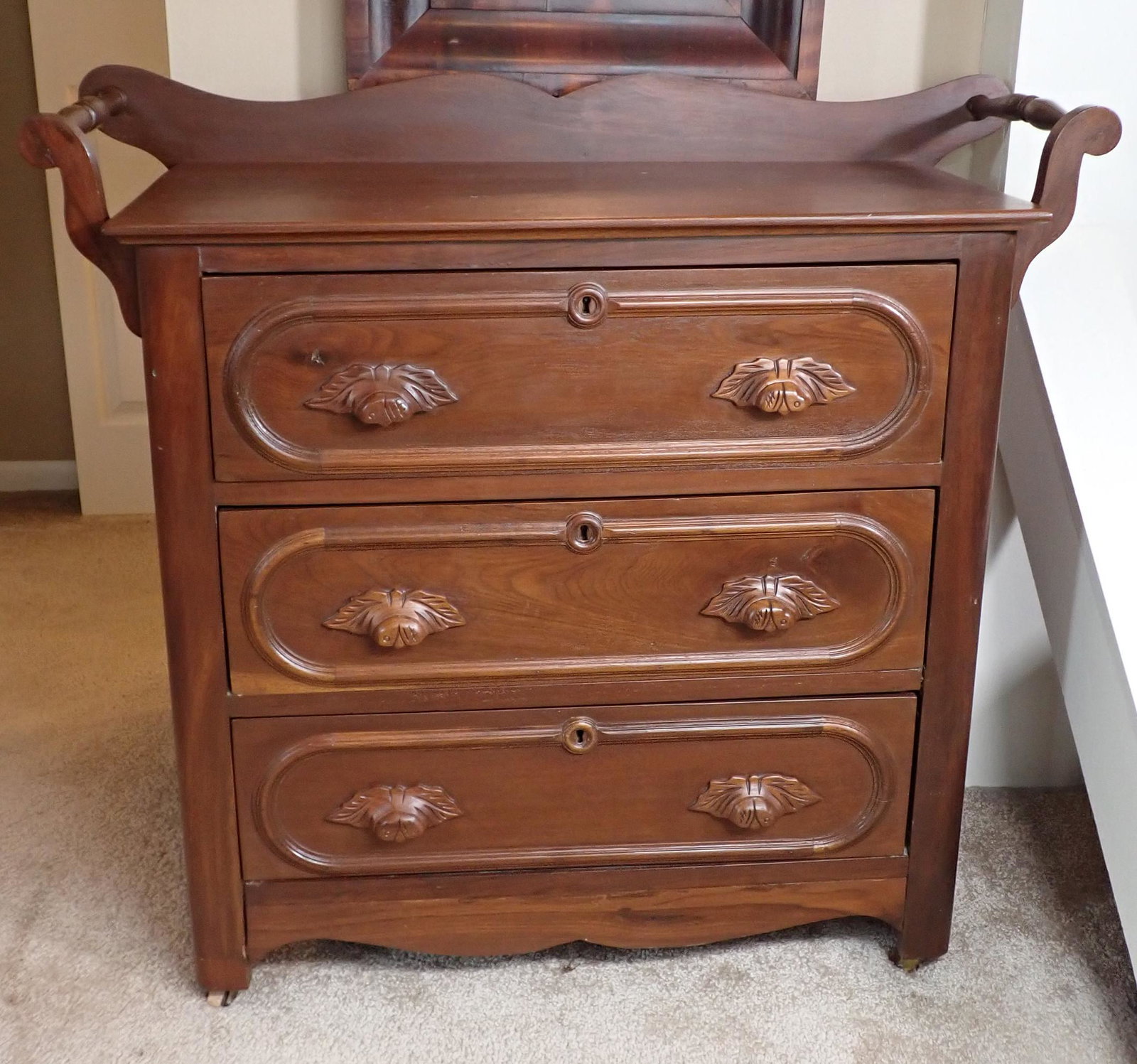3 Drawer Walnut Washstand: Approx 16" x 37 3/8" x 34 3/4" tall. Bring help to load and NO SHIPPING ! Does not include mirror