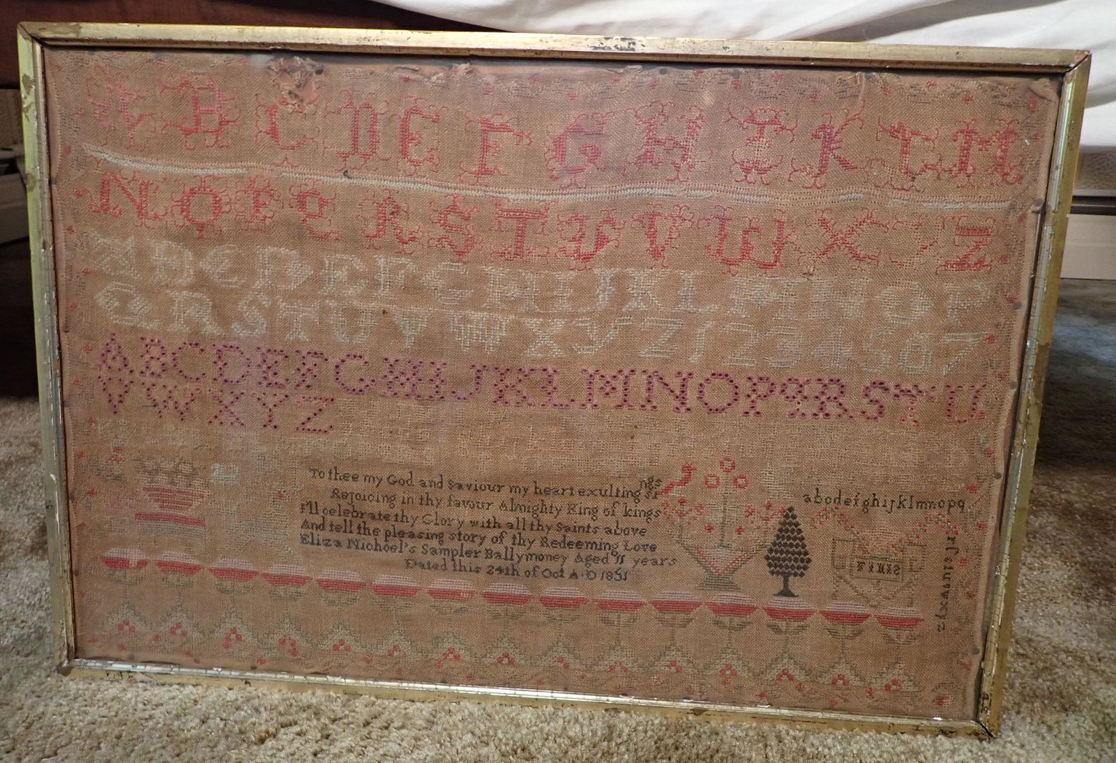 Eliza Nichoels 1851 Sampler: Approx 16 1/2" x 24 3/4"