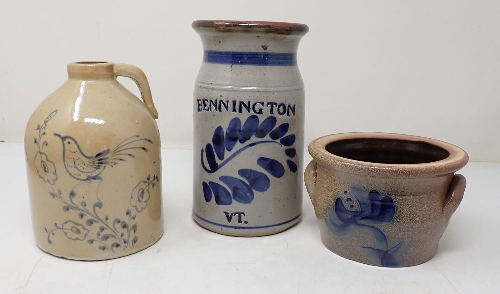 Blue Decorated Pottery Crocks and Jug (1 of 2)