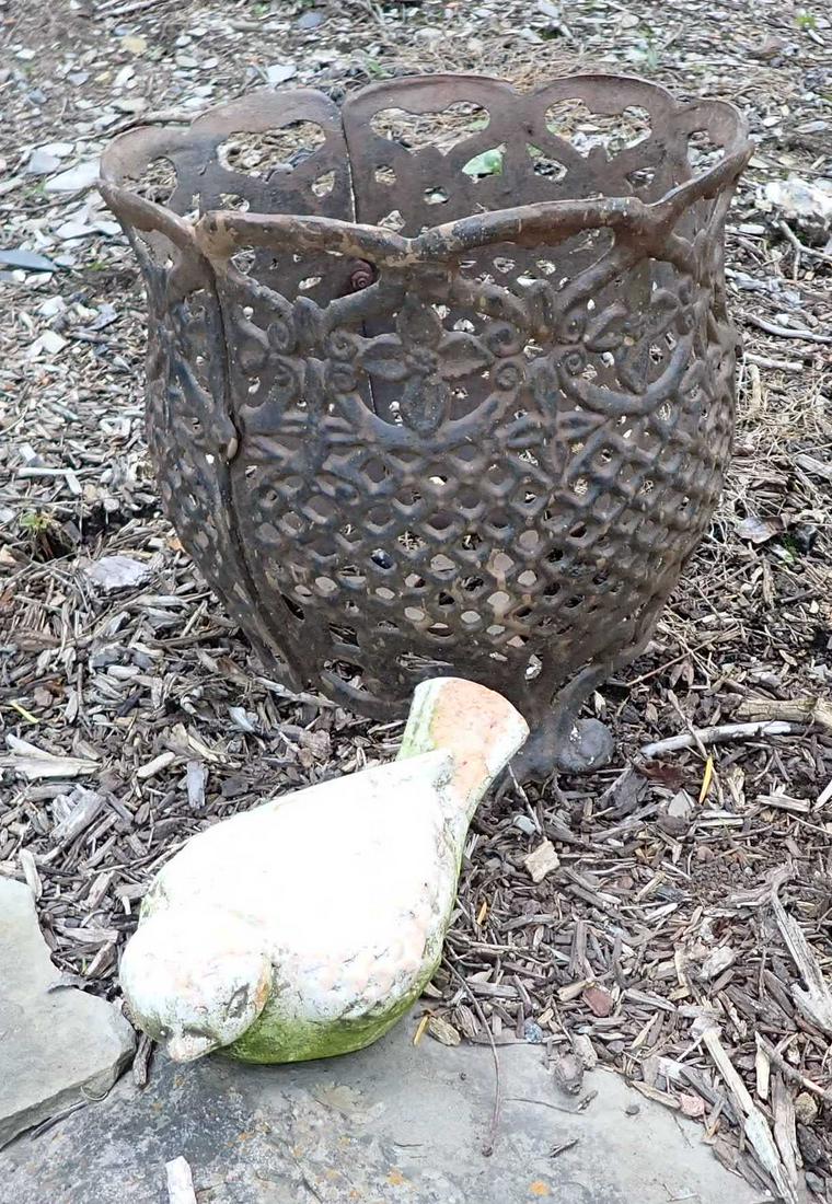Cast Iron Planter Stand and Concrete Bird (1 of 2)