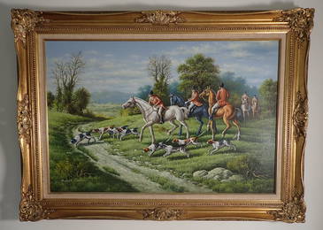 Signed Fox Hunt Oil Painting