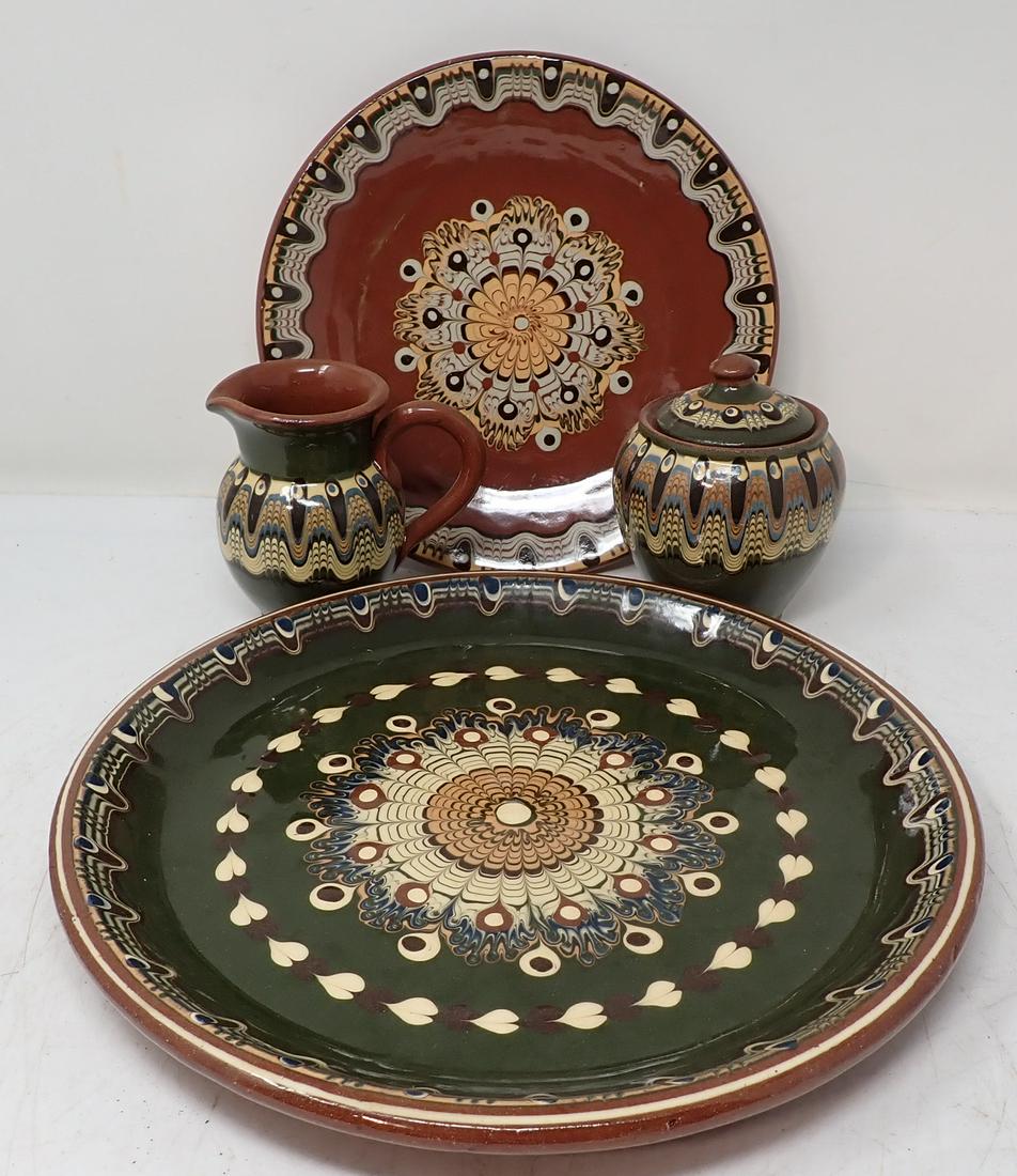 Redware Chargers Creamer Sugar Bulgaria: Largest charger is apprx 11" in diameter