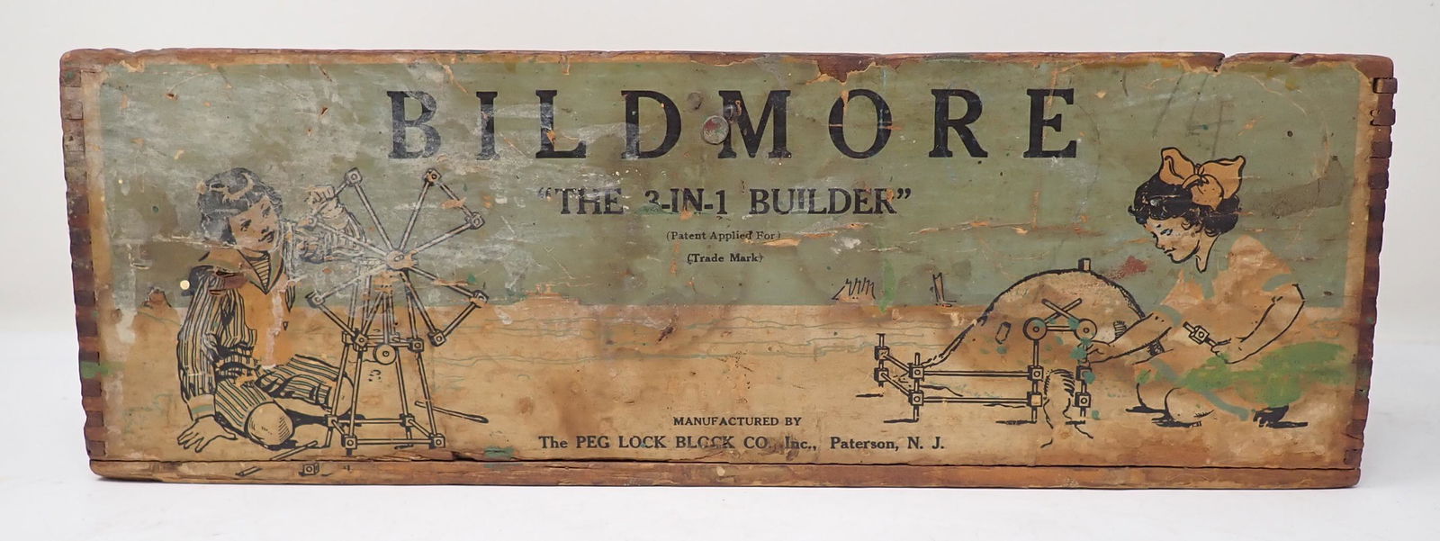 Bildmore Wooden Toy Box w/ Paper Label: Peg Lock Block Co Box is apprx 4 1/4" x 13 1/8" x 4 1/2" tall