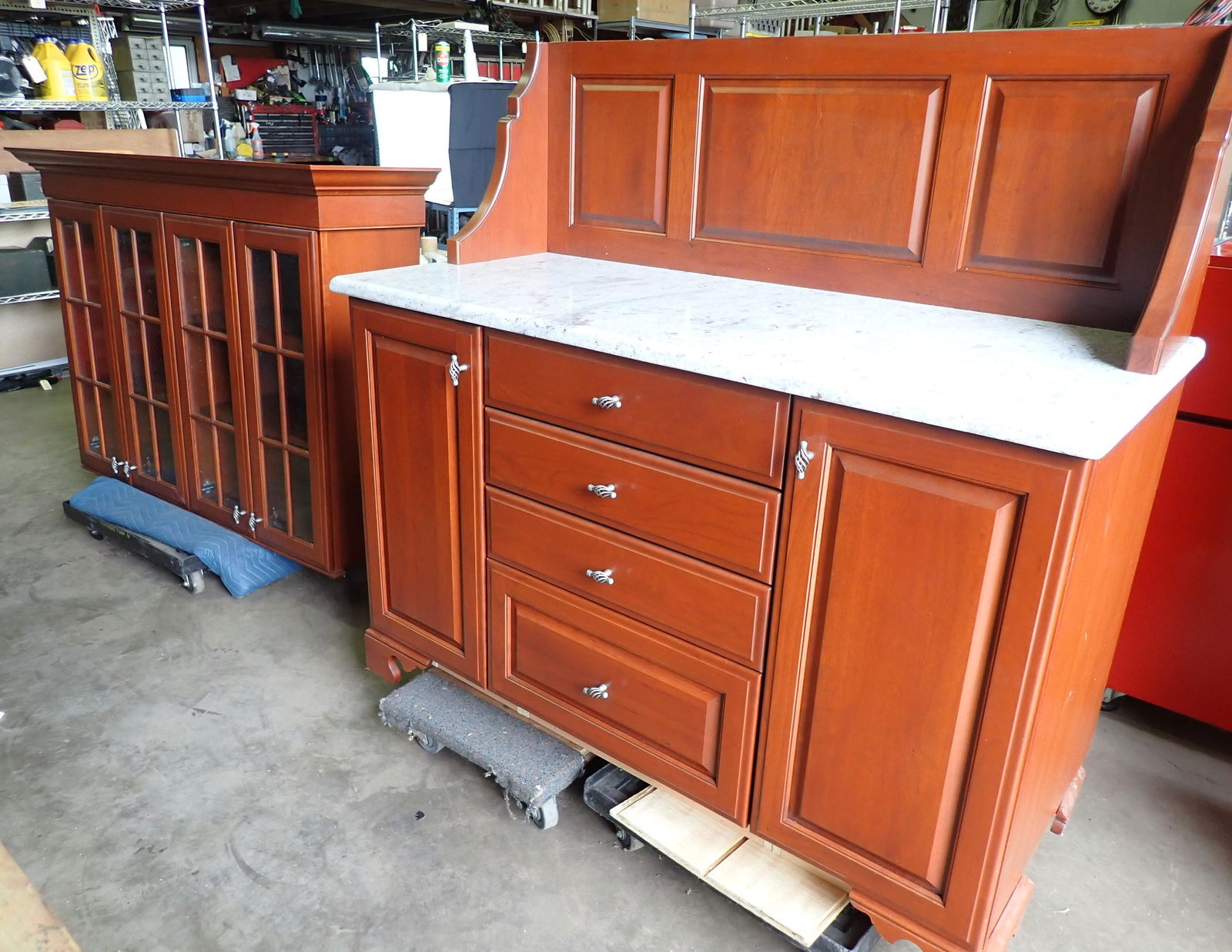 Brookhaven 3 Pc Kitchen Cabinet: Base is approx 26" x 56" x 36" tall, with a granite top. Splash is approx 18" x 54", Top section is approx 16 1/2" ( at top) x 61 1/2" x 42" tall. Does not include dollys . NO shipping ! Bring strong