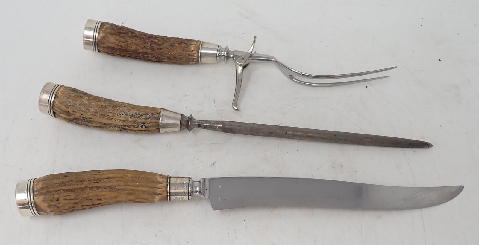 Bone Handle Carving Set: Knife is approx 13 7/8" long. Collars are sterling silver