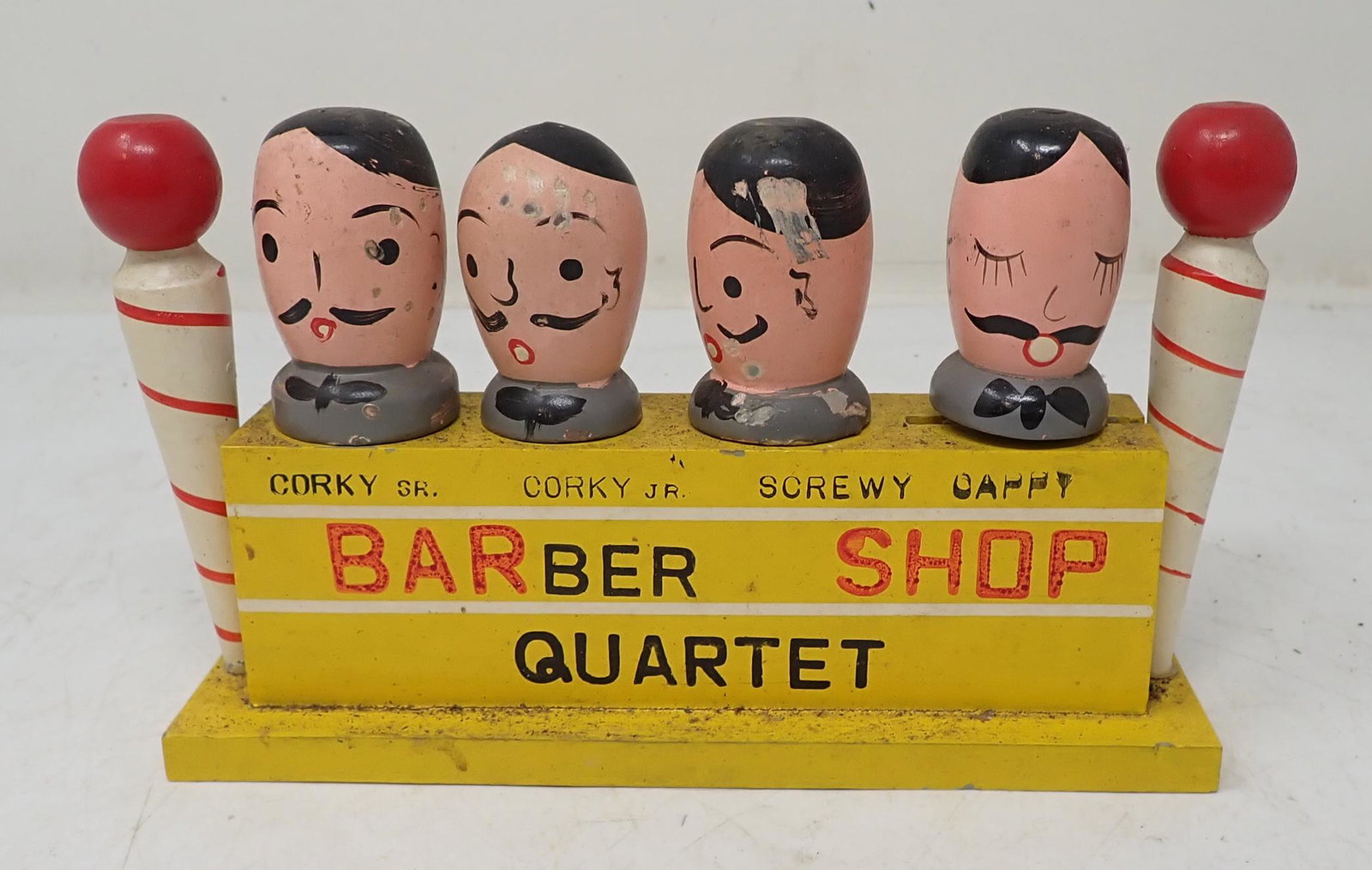 Barber Shop Quartet Barware: Apprx 1 7/8" x 7 1/4" x 5" tall.