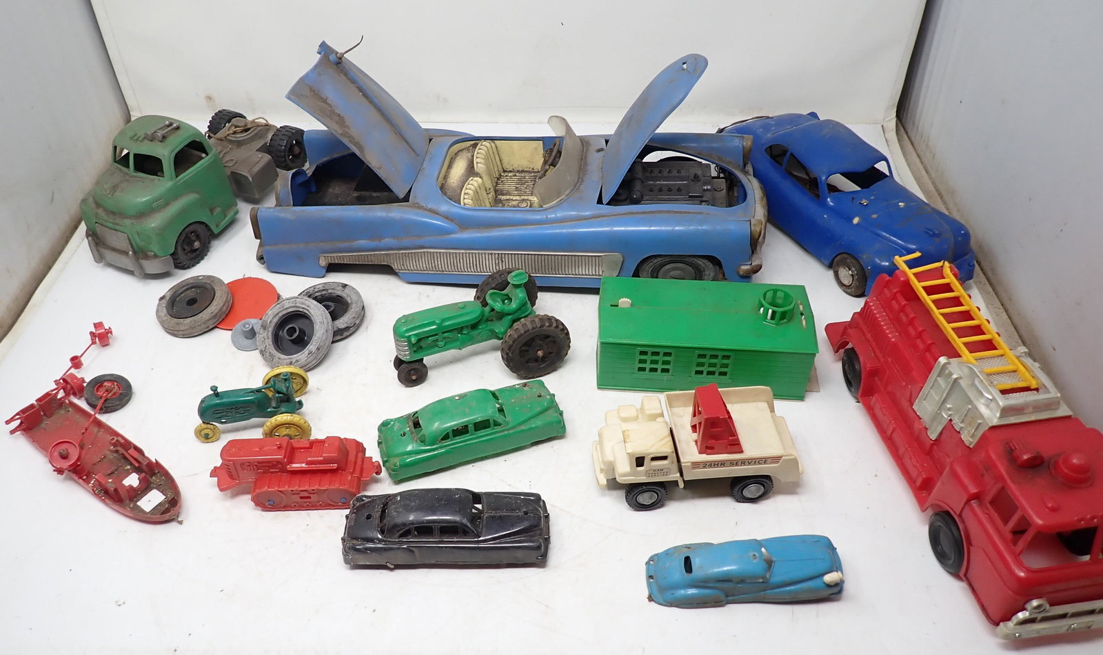 Lot of Misc Toys and Trucks Including Ideal: Ideal car is approx 16" long