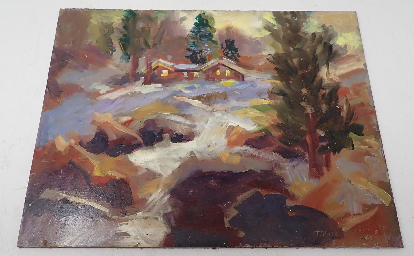 John Reilly Woods & Cabin Oil On Board: Signed painting is approx 14" x 11"
