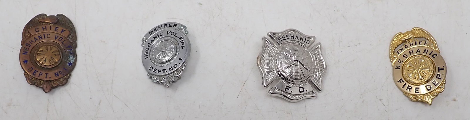 Neshanic Fire Dept Badges Pinbacks: Getting all pictured. Largest approx 1 1/4" x 2"