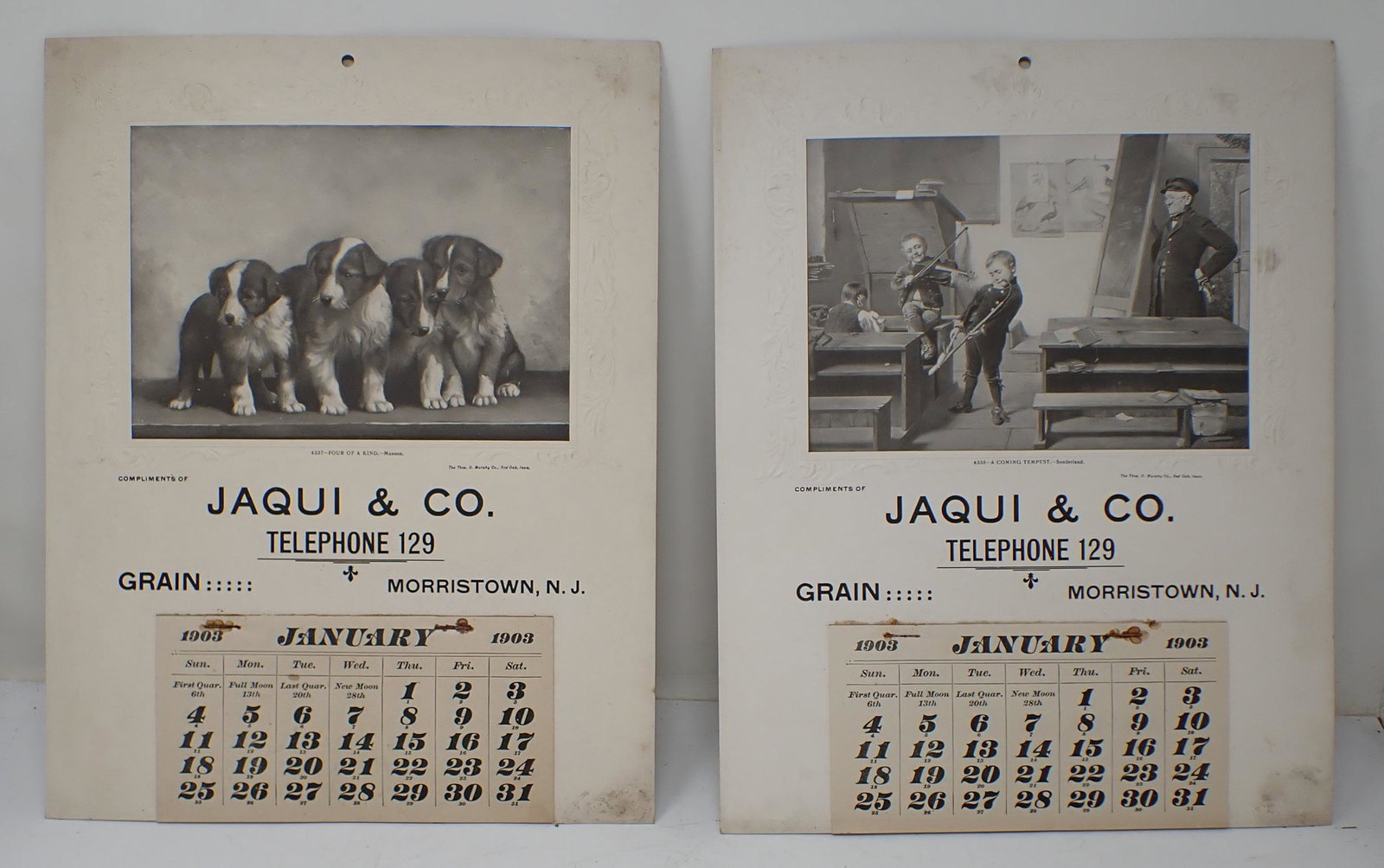 1903 Advertising Calendars Jaqui & Co Morristown NJ: Advertising Calendars JAQUI & CO. Grain Morristown NJ, Getting both pictured. Approx 11" x 14"