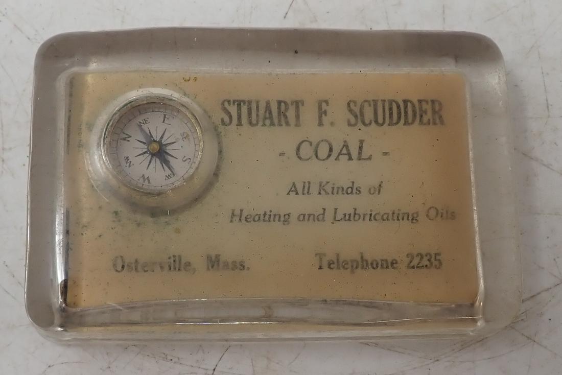 Advertising Paperweight & Compass Osterville Mass: Stuart Scudder Coal paperweight / compass.Approx 4 1/4" x 2 3/4"