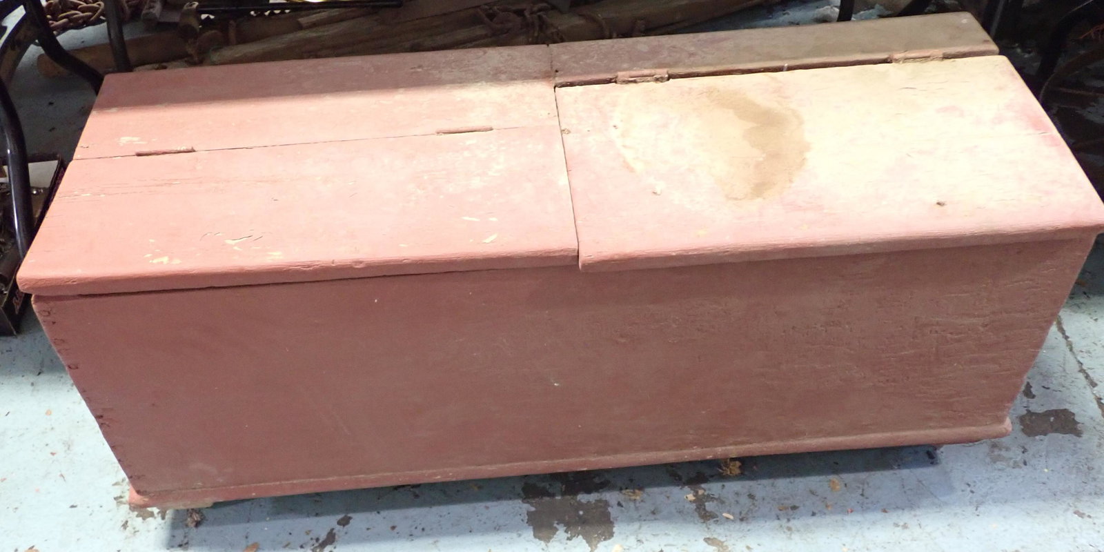 Wood Box in Red Paint: Approx 44" x 16" x 18 1/4" tall. NO SHIPPING