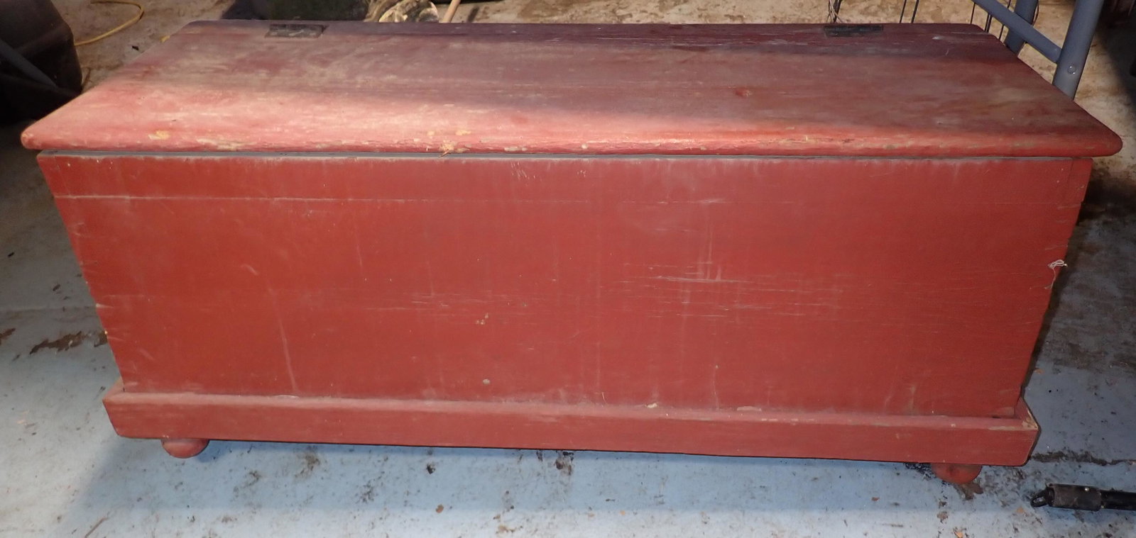 Wood Box in Red Paint: Approx 18" x 45 1/2" x 19" tall. NO SHIPPING