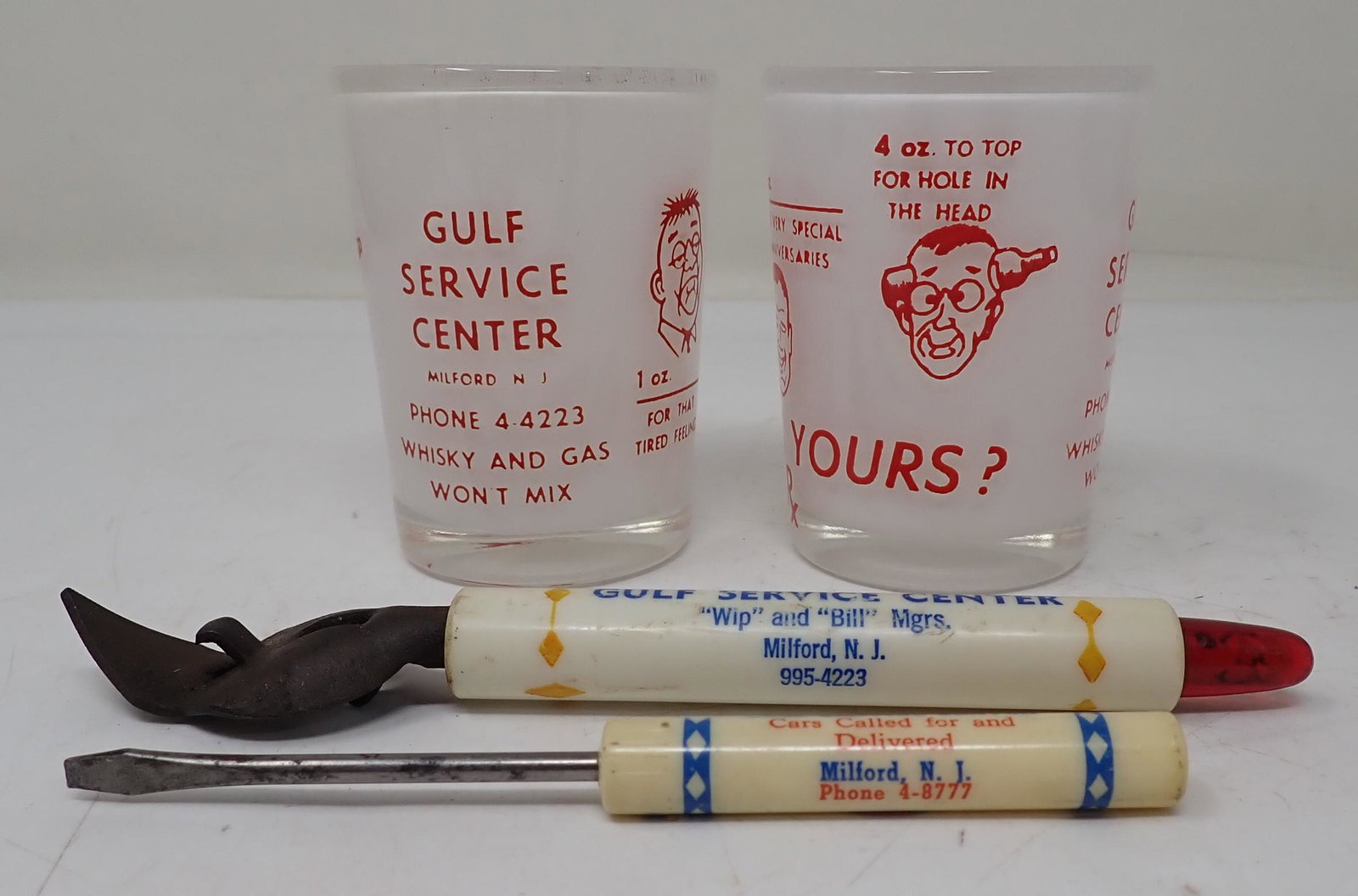 Milford NJ Gulf Service Center Whisky Glasses: Vintage Whisky glasses are approx 2 3/8" in diameter and 3" tall. Also includes bottle opener and screwdriver