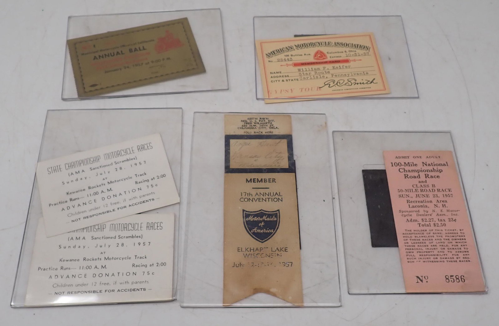 AMA Gypsy Tour Motorcycle Membership Card: Also 1957 Municipal Motorcycle Officers Annual Ball Card , 100 Mile National Championship Road Race Ticket. Getting all pictured