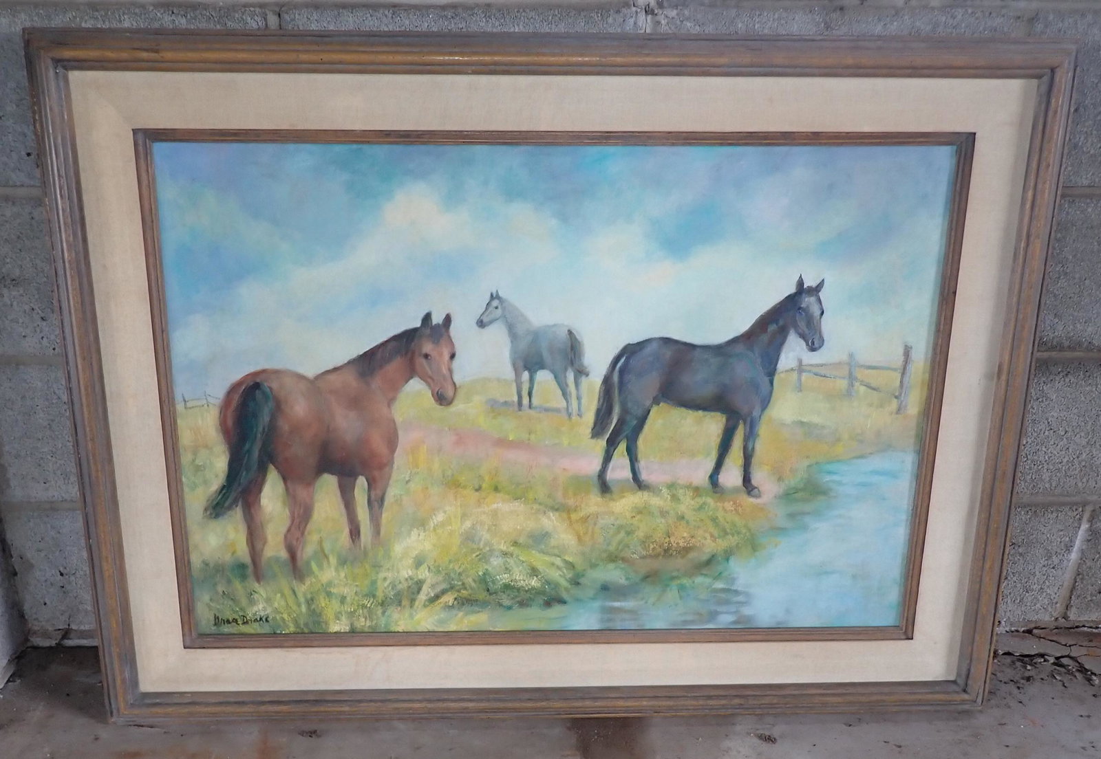 Grace Drake Horse Oil on Canvas Painting: Equestrian painting is apprx 33" x 44 1/2".