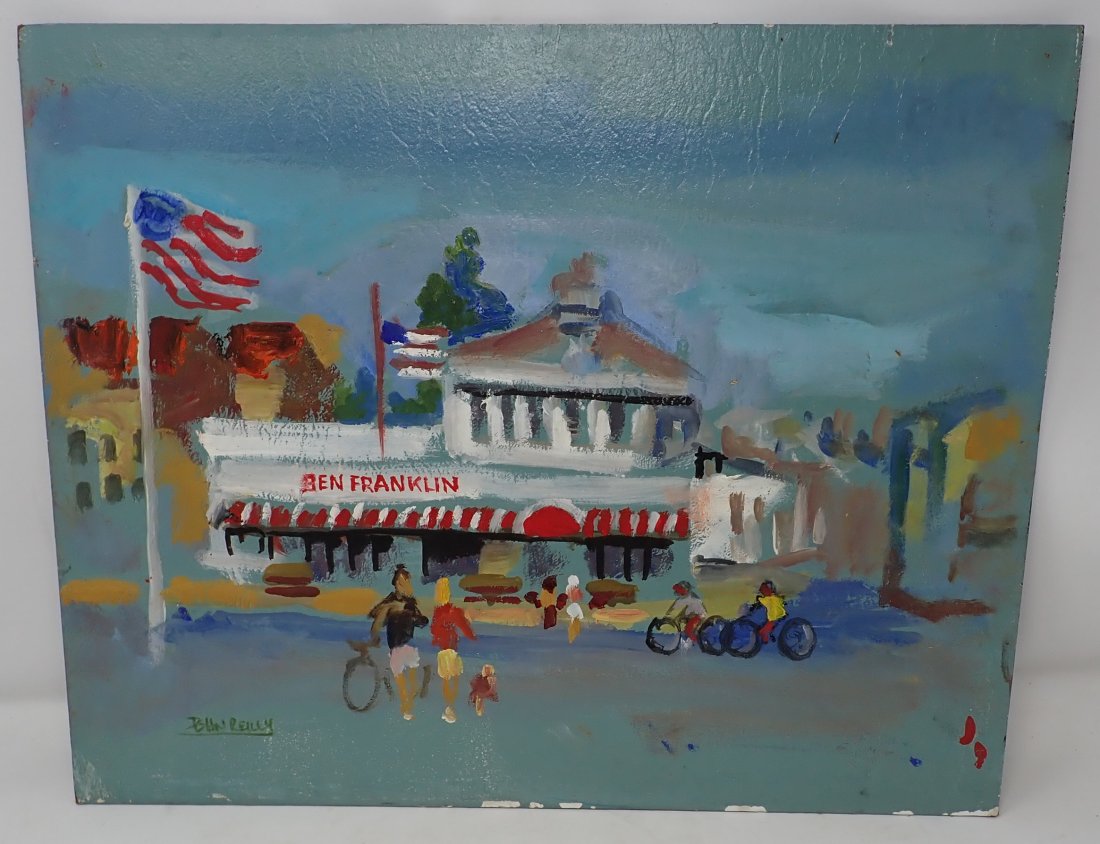 John Reilly Signed Oil on Board NJ Painting: John Reilly Oil Painting of Ben Franklin Restaurant (Jersey City?) Approx 20" x 16"