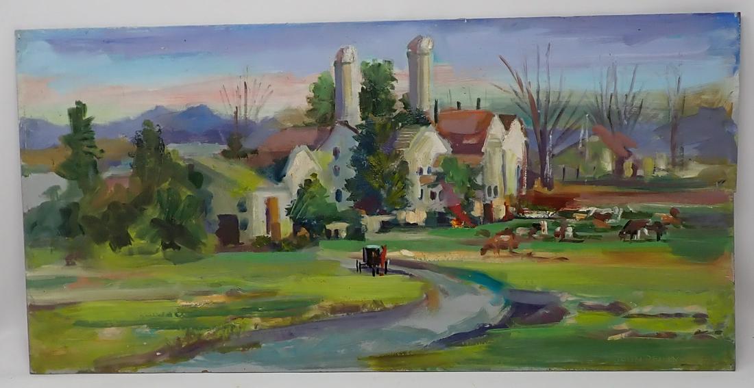 John Reilly Signed Oil on Board Painting Amish Farm: Approx 24" x 12"