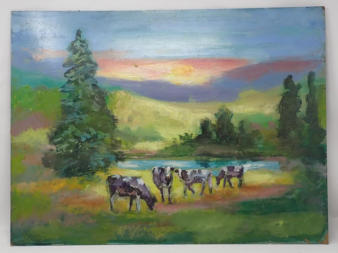 John Reilly Oil on Board Painting Cows in Pasture (1 of 2)