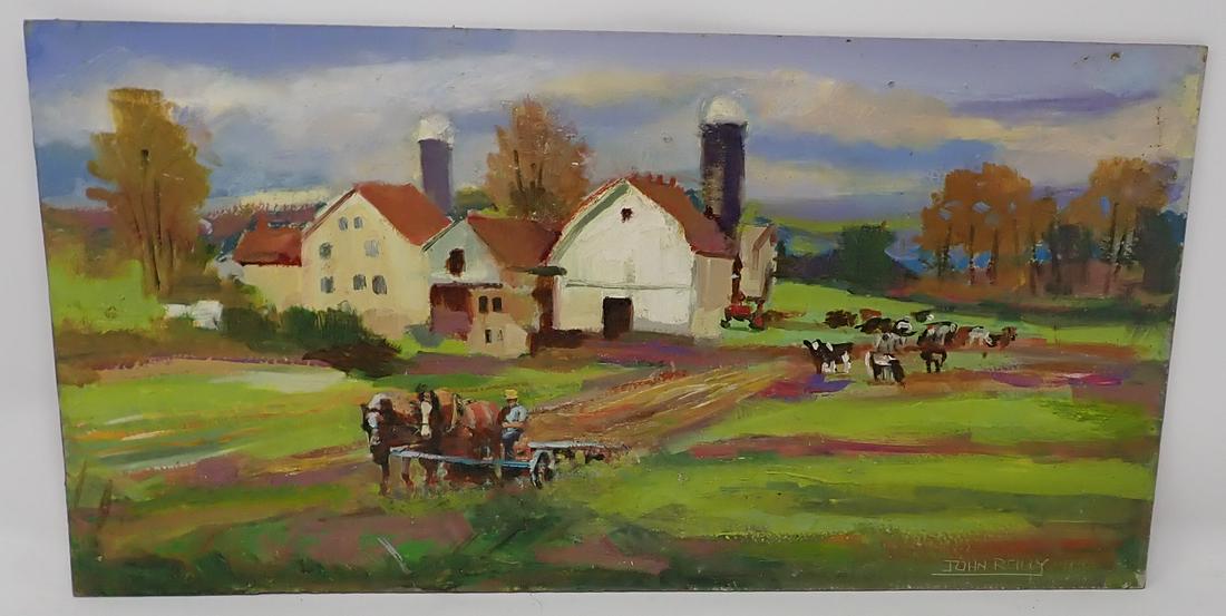 John Reilly Signed Oil on Board Painting Farmer & Barn (1 of 3)