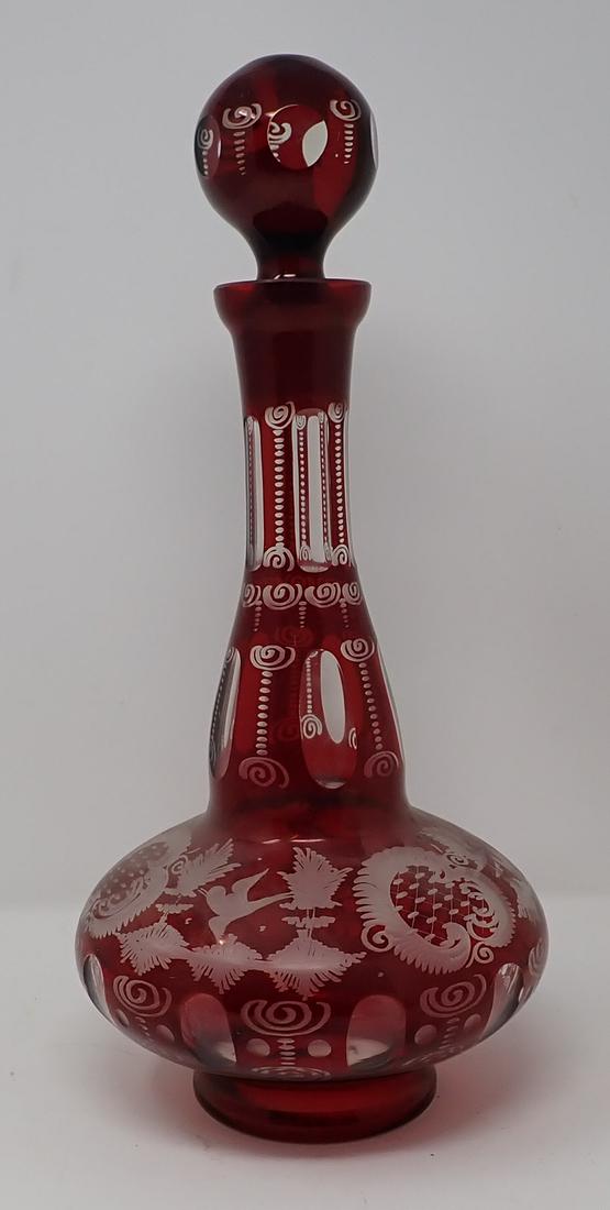 Red Ruby Bohemian Etched Glass Decanter (1 of 3)
