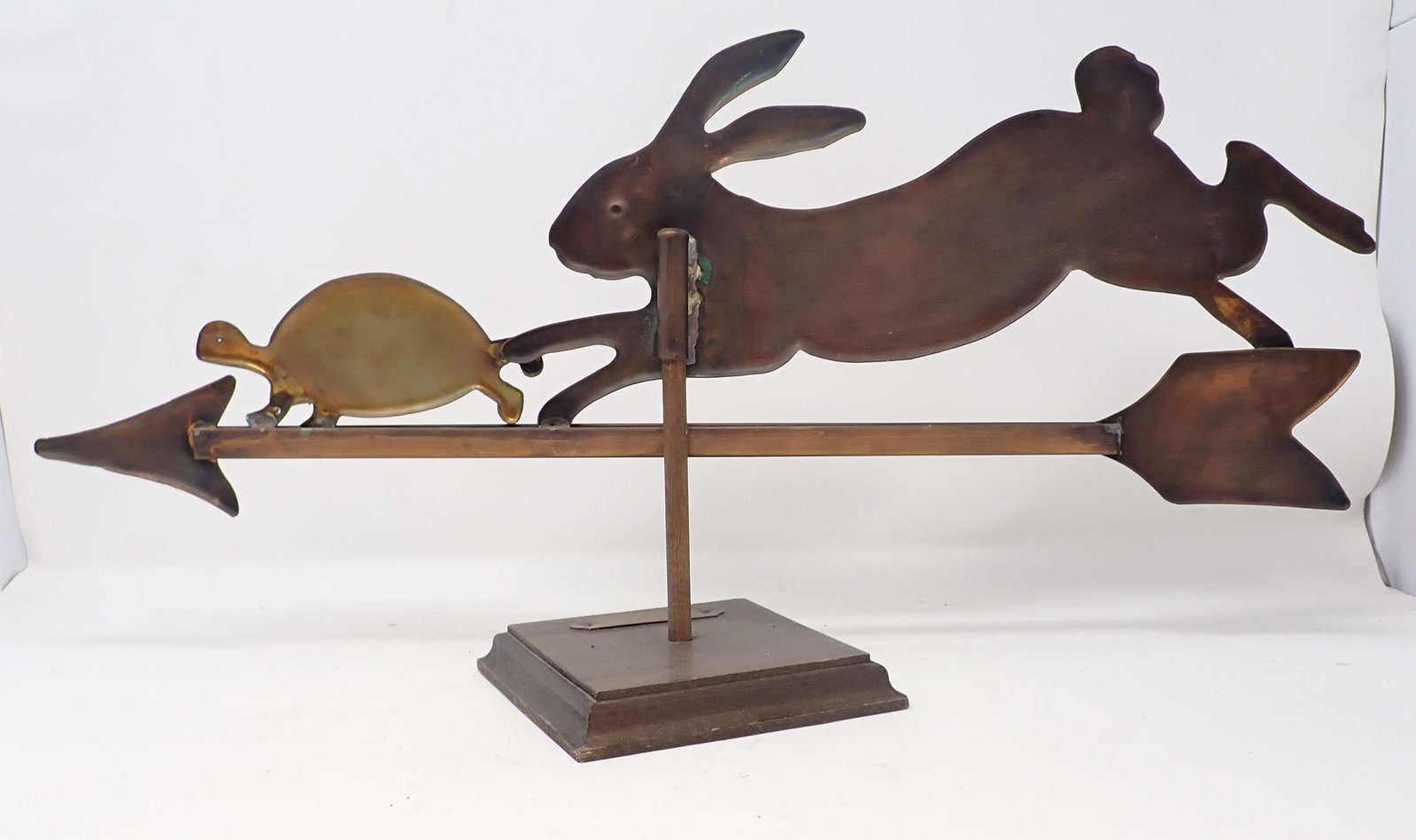 The Tortoise & The Hare Metal Weathervane: Weathervane mounted on wood is approx 22" long x 10 3/4" tall