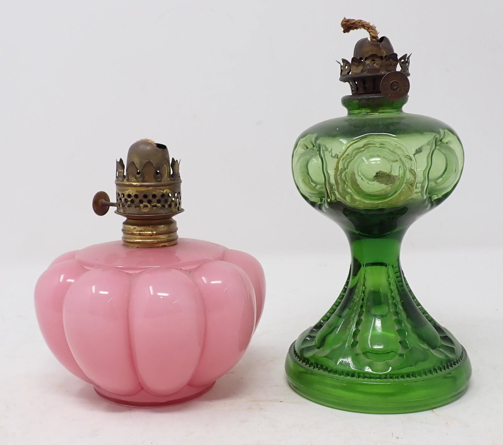 Antique Glass Oil Lamps: Green Lamp is approx 7" tall