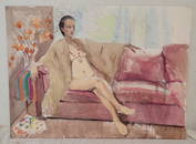 Rhoda Yanow Watercolor on Board  Woman on Sofa