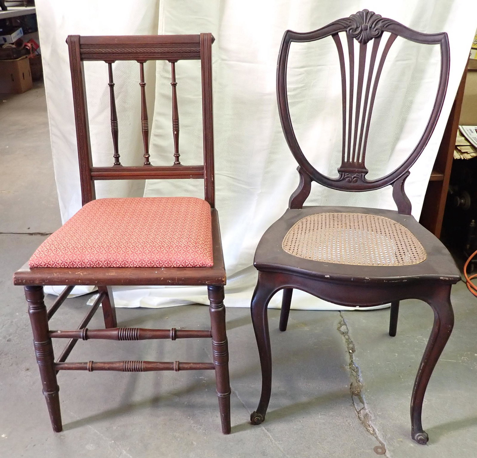Side Chairs incl Harp Back w/ Cane Seat: Harp back is apprx 16 1/4" wide, 17 1/4" to seat, 15 1/2" deep, and 35 1/2" tall. NO SHIPPING