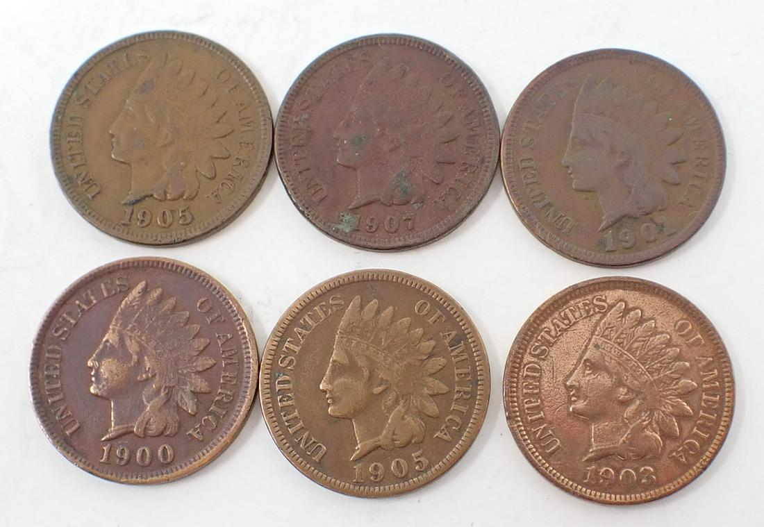 Indian Head Pennies: (2) 1905, 1900, 1907, 1901, 1903