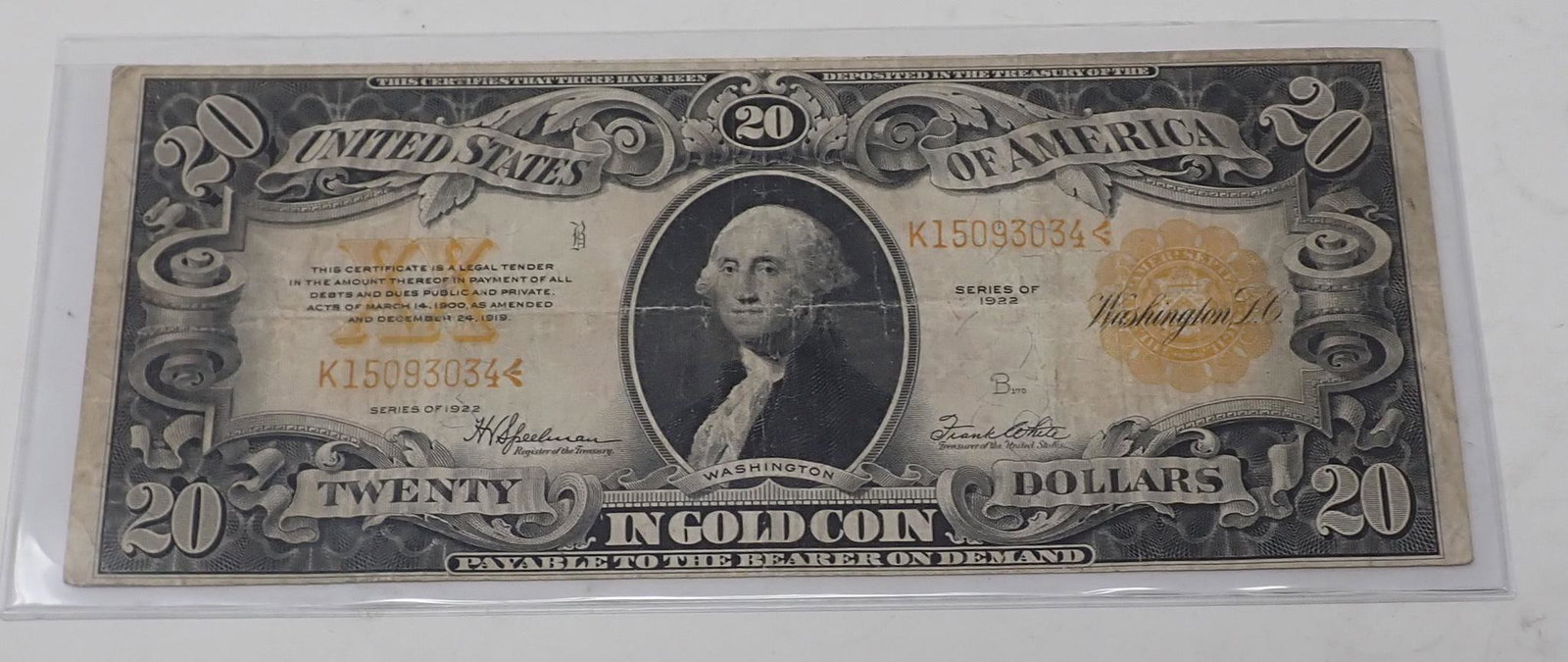 1922 $20 Gold Certificate: 20 dollar gold certificate