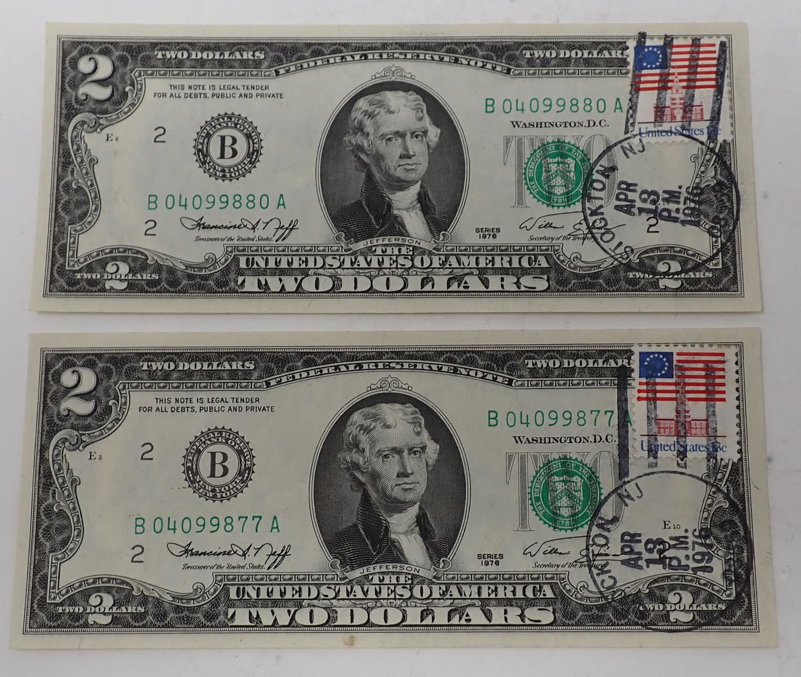 2 1976 Two Dollar Bills w/ Stamps: $2 dollar bills
