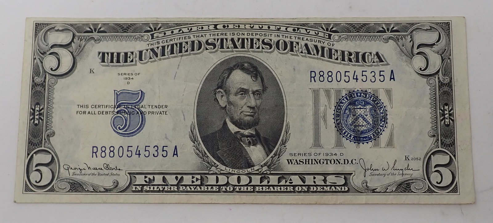 Series 1934D $5 Silver Certificate: Five dollar 1934 D Silver certificate